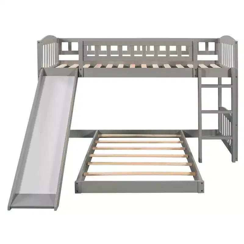 Floor Bunk Bed with Slide and Stairs, Low Bunk Bed Twin over Twin with Storage, Wood Twin Bunk Bed for Toddlers Kids