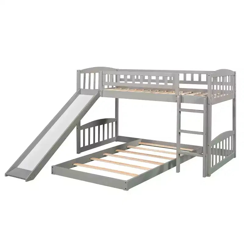 Floor Bunk Bed with Slide and Stairs, Low Bunk Bed Twin over Twin with Storage, Wood Twin Bunk Bed for Toddlers Kids