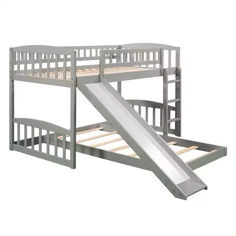Floor Bunk Bed with Slide and Stairs, Low Bunk Bed Twin over Twin with Storage, Wood Twin Bunk Bed for Toddlers Kids