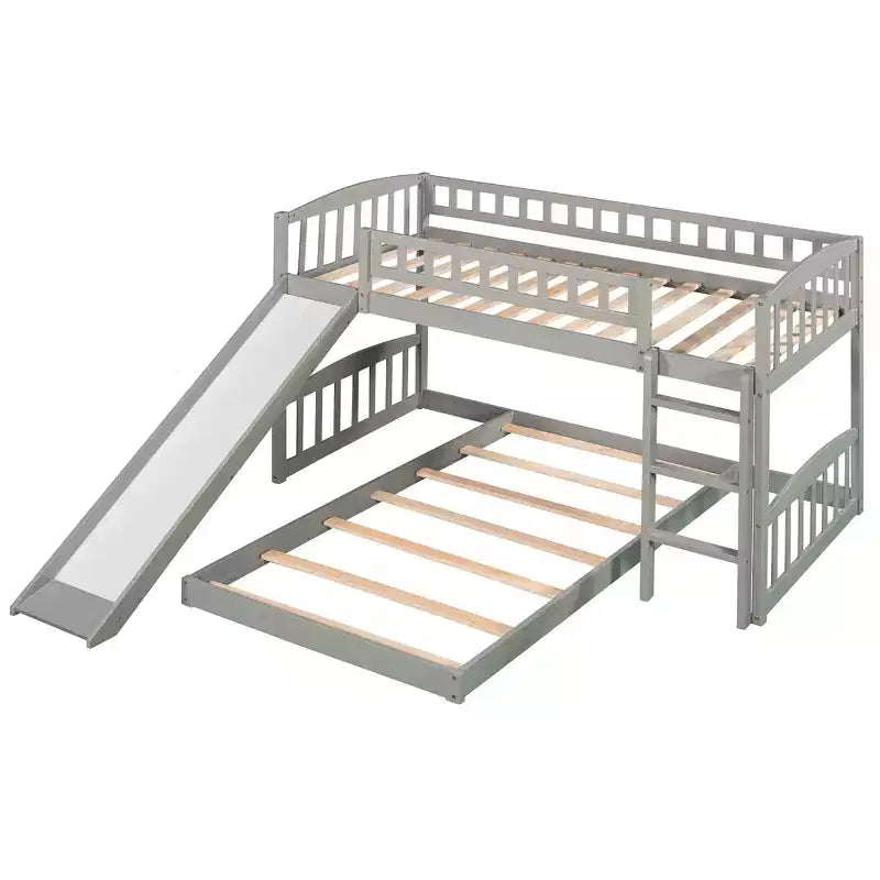 Floor Bunk Bed with Slide and Stairs, Low Bunk Bed Twin over Twin with Storage, Wood Twin Bunk Bed for Toddlers Kids