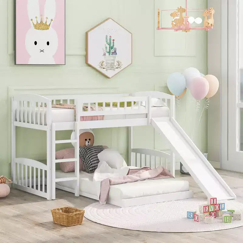 Floor Bunk Bed with Slide and Stairs, Low Bunk Bed Twin over Twin with Storage, Wood Twin Bunk Bed for Toddlers Kids