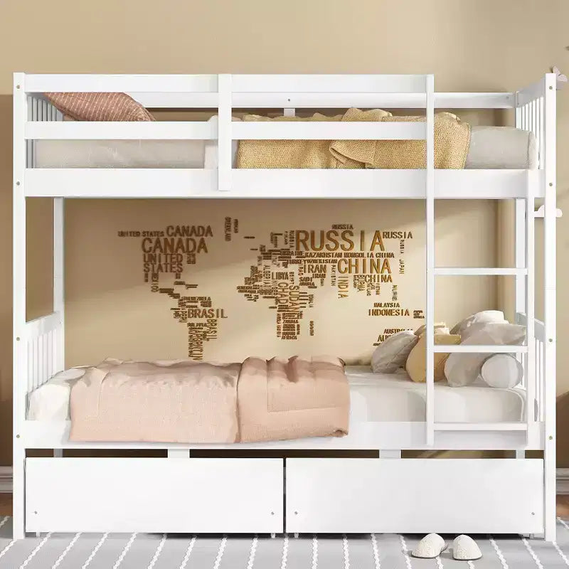 Okak 77.3IN Twin-Over-Twin Bunk Bed with 2 Storage Drawers, Mutifunction Bed Frames can Convertible into 2 Twin Beds for Bedroom, Kids Room, White
