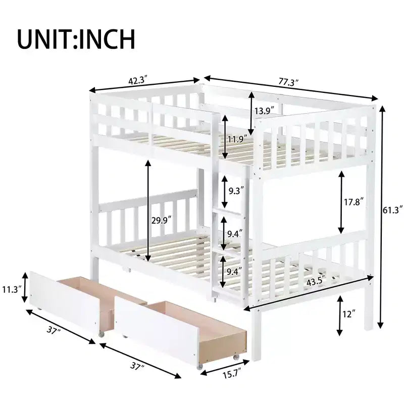 Okak 77.3IN Twin-Over-Twin Bunk Bed with 2 Storage Drawers, Mutifunction Bed Frames can Convertible into 2 Twin Beds for Bedroom, Kids Room, White