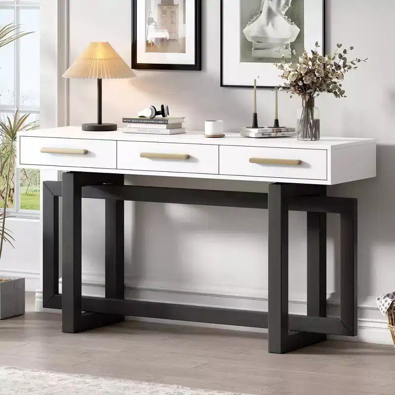 Okak 57IN Elegant Console Table with Unique Legs Design, Entryway Table with 3 Drawers and Metal Handles, Hallway Table for Living Room, Foyer