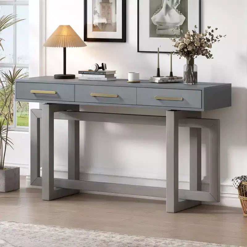 Okak 57IN Elegant Console Table with Unique Legs Design, Entryway Table with 3 Drawers and Metal Handles, Hallway Table for Living Room, Foyer