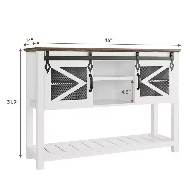 Tavolo da ingresso con ante scorrevoli alla rustica, Consolle da 117 cm con spazio contenitivo, Tavolino stretto rustico da divano, per ingresso, corridoio, atrio