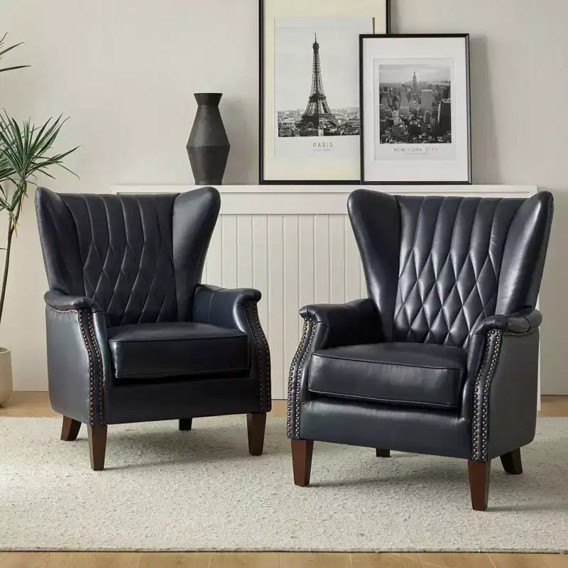 Poltrona Wallace in Vera Pelle con Borchie e Gambe in Legno MasselloHULALA HOME-BLU MARINO