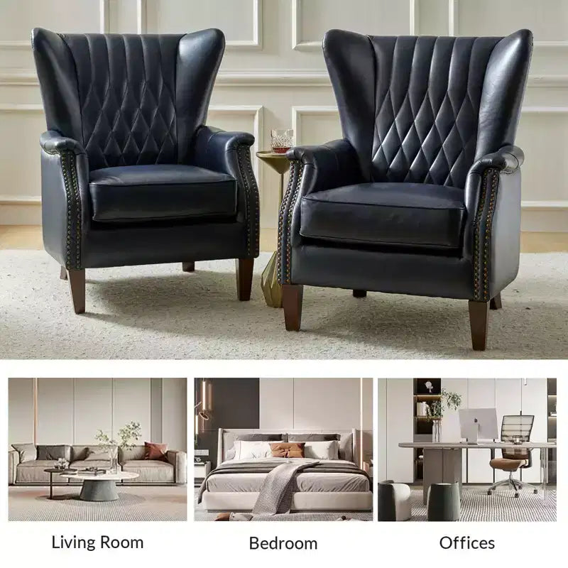 Poltrona Wallace in Vera Pelle con Borchie e Gambe in Legno MasselloHULALA HOME-BLU MARINO