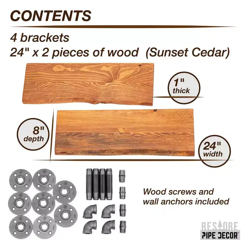 Pipe Decor 24 Sunset Cedar Live Edge Wood Shelf with L-Shaped Pipe Brackets (2-Pack)