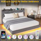 Struttura letto a piattaforma sospesa moderna imbottita con luci LED e prese, testiera, robusto supporto a doghe in legno, silenziosa e facile da montare