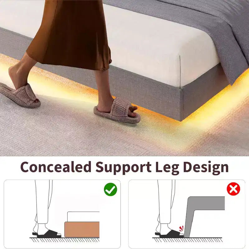 Struttura letto a piattaforma sospesa moderna imbottita con luci LED e prese, testiera, robusto supporto a doghe in legno, silenziosa e facile da montare