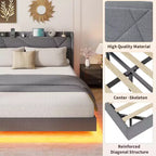 Struttura letto a piattaforma sospesa moderna imbottita con luci LED e prese, testiera, robusto supporto a doghe in legno, silenziosa e facile da montare