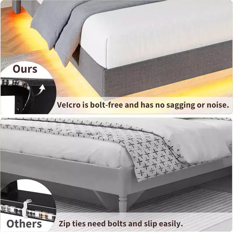 Struttura letto a piattaforma sospesa moderna imbottita con luci LED e prese, testiera, robusto supporto a doghe in legno, silenziosa e facile da montare
