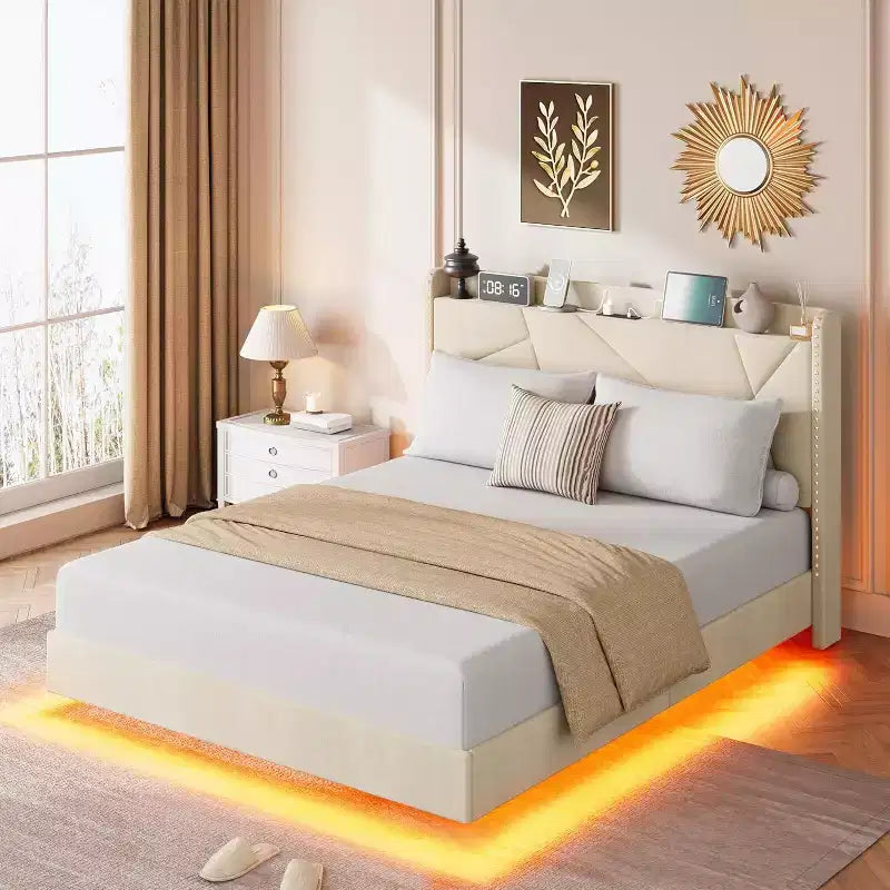 Struttura letto a piattaforma sospesa moderna imbottita con luci LED e prese, testiera, robusto supporto a doghe in legno, silenziosa e facile da montare