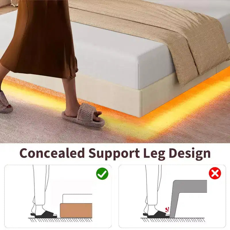Struttura letto a piattaforma sospesa moderna imbottita con luci LED e prese, testiera, robusto supporto a doghe in legno, silenziosa e facile da montare