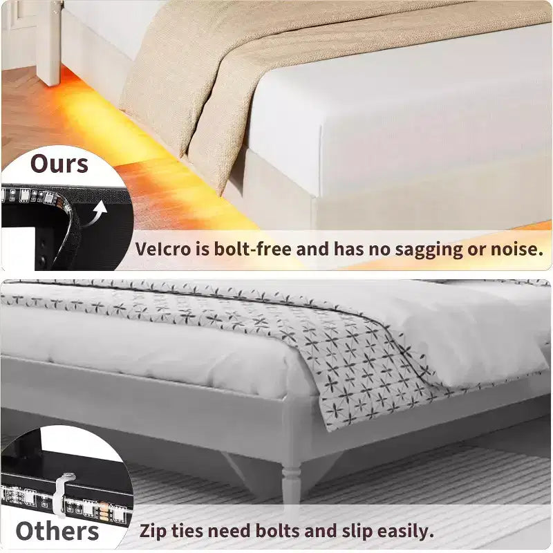 Struttura letto a piattaforma sospesa moderna imbottita con luci LED e prese, testiera, robusto supporto a doghe in legno, silenziosa e facile da montare