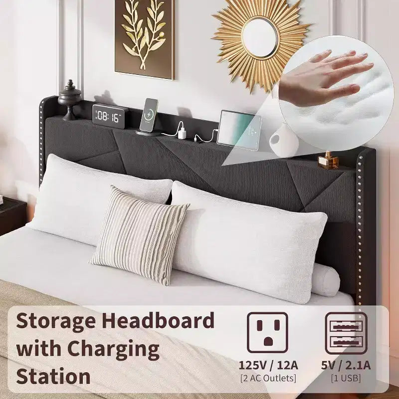 Struttura letto a piattaforma sospesa moderna imbottita con luci LED e prese, testiera, robusto supporto a doghe in legno, silenziosa e facile da montare