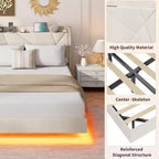 Struttura letto a piattaforma sospesa moderna imbottita con luci LED e prese, testiera, robusto supporto a doghe in legno, silenziosa e facile da montare