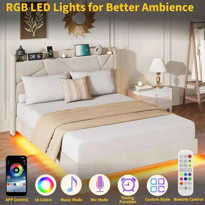 Struttura letto a piattaforma sospesa moderna imbottita con luci LED e prese, testiera, robusto supporto a doghe in legno, silenziosa e facile da montare