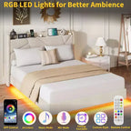 Struttura letto a piattaforma sospesa moderna imbottita con luci LED e prese, testiera, robusto supporto a doghe in legno, silenziosa e facile da montare