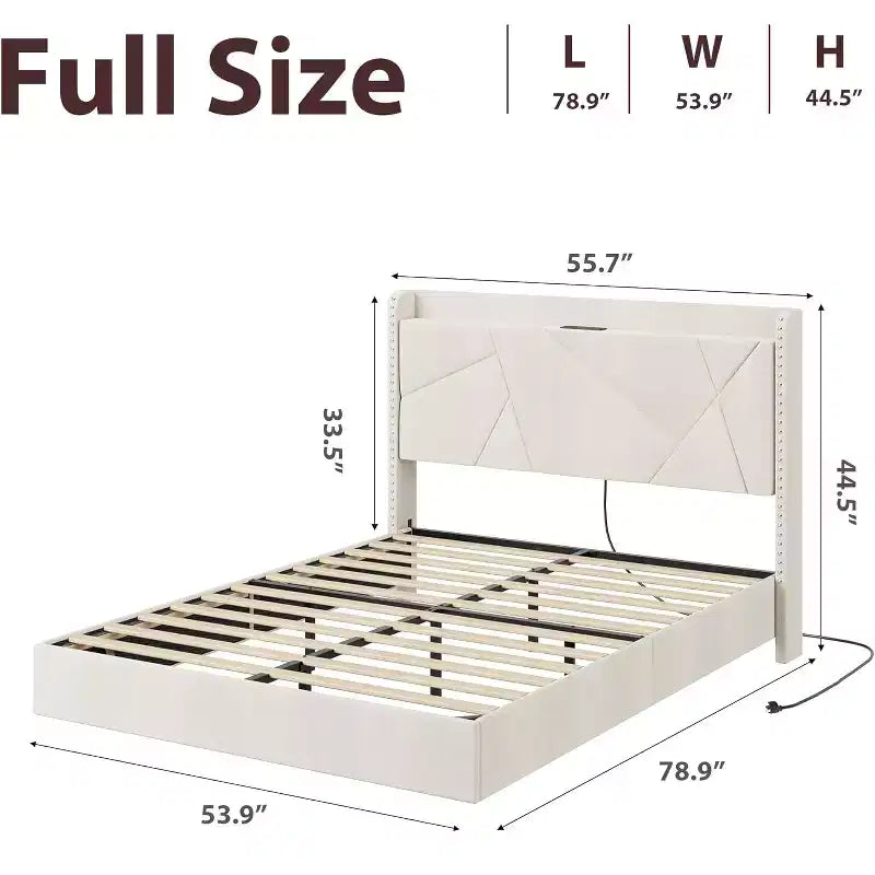 Struttura letto a piattaforma sospesa moderna imbottita con luci LED e prese, testiera, robusto supporto a doghe in legno, silenziosa e facile da montare
