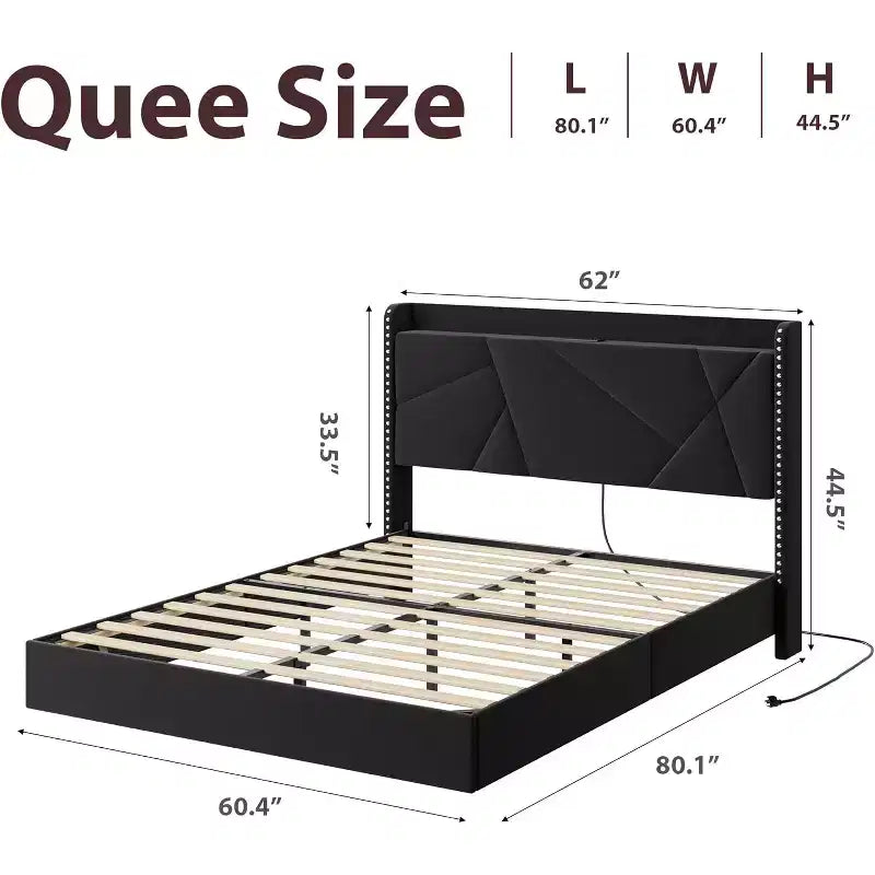 Struttura letto a piattaforma sospesa moderna imbottita con luci LED e prese, testiera, robusto supporto a doghe in legno, silenziosa e facile da montare