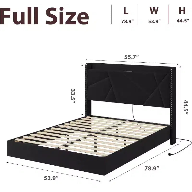 Struttura letto a piattaforma sospesa moderna imbottita con luci LED e prese, testiera, robusto supporto a doghe in legno, silenziosa e facile da montare