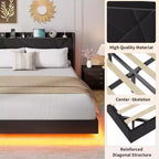 Struttura letto a piattaforma sospesa moderna imbottita con luci LED e prese, testiera, robusto supporto a doghe in legno, silenziosa e facile da montare