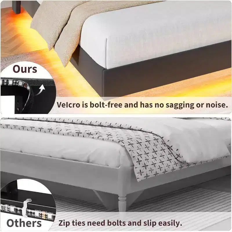 Struttura letto a piattaforma sospesa moderna imbottita con luci LED e prese, testiera, robusto supporto a doghe in legno, silenziosa e facile da montare