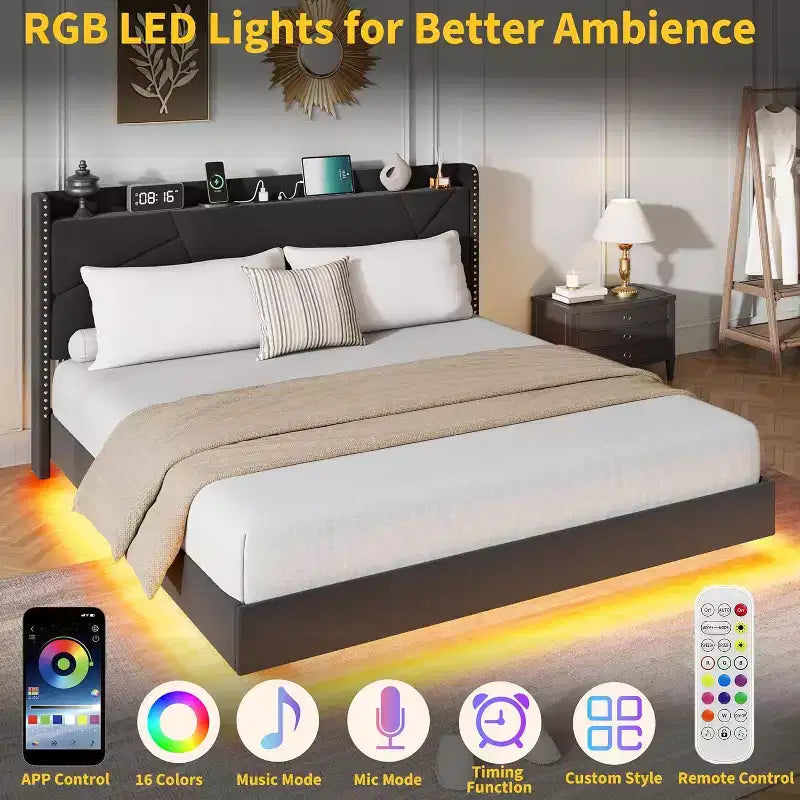 Struttura letto a piattaforma sospesa moderna imbottita con luci LED e prese, testiera, robusto supporto a doghe in legno, silenziosa e facile da montare