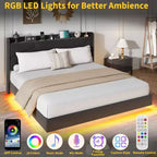 Struttura letto a piattaforma sospesa moderna imbottita con luci LED e prese, testiera, robusto supporto a doghe in legno, silenziosa e facile da montare