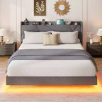 Struttura letto a piattaforma sospesa moderna imbottita con luci LED e prese, testiera, robusto supporto a doghe in legno, silenziosa e facile da montare