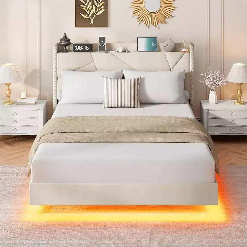 Struttura letto a piattaforma sospesa moderna imbottita con luci LED e prese, testiera, robusto supporto a doghe in legno, silenziosa e facile da montare