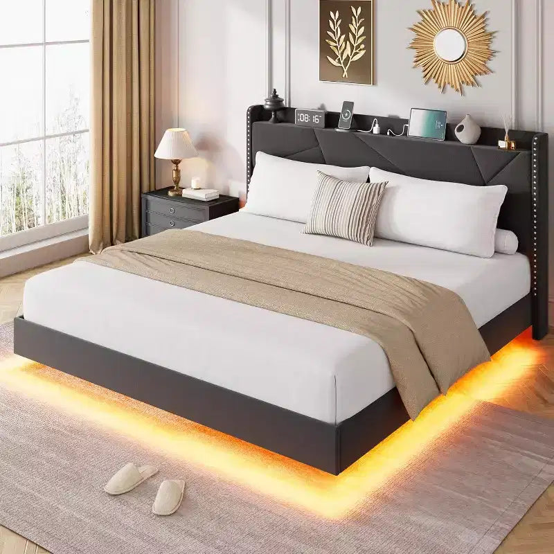 Struttura letto a piattaforma sospesa moderna imbottita con luci LED e prese, testiera, robusto supporto a doghe in legno, silenziosa e facile da montare