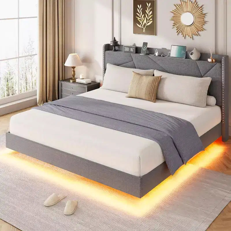 Struttura letto a piattaforma sospesa moderna imbottita con luci LED e prese, testiera, robusto supporto a doghe in legno, silenziosa e facile da montare