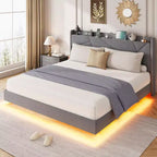 Struttura letto a piattaforma sospesa moderna imbottita con luci LED e prese, testiera, robusto supporto a doghe in legno, silenziosa e facile da montare