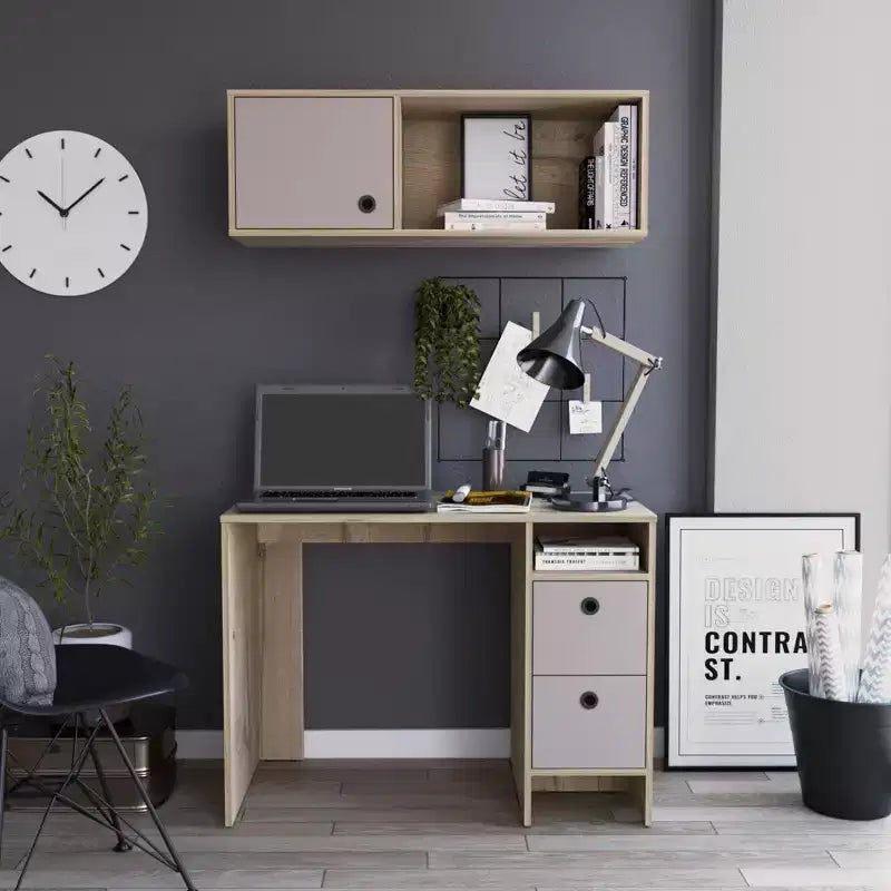 GDFStudio Esme Modern Office Desk and Wall Cabinet Set with 2 Drawers, 1 Door and 1 Open Shelf