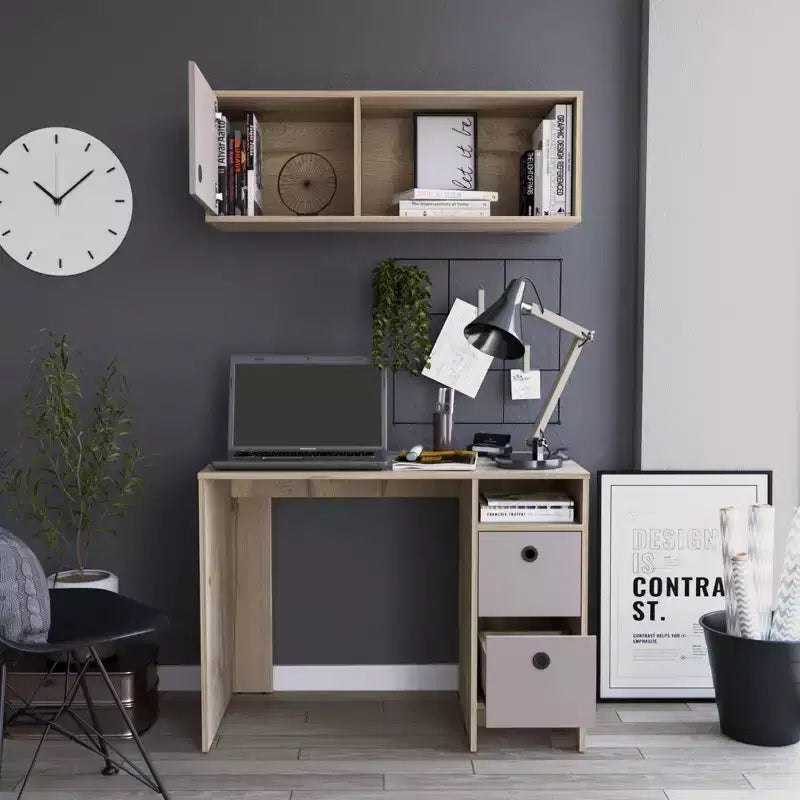 Set Scrivania e Mobile Pensile da Ufficio Moderno Esme di GDFStudio con 2 Cassetti, 1 Anta e 1 Ripiano Aperto