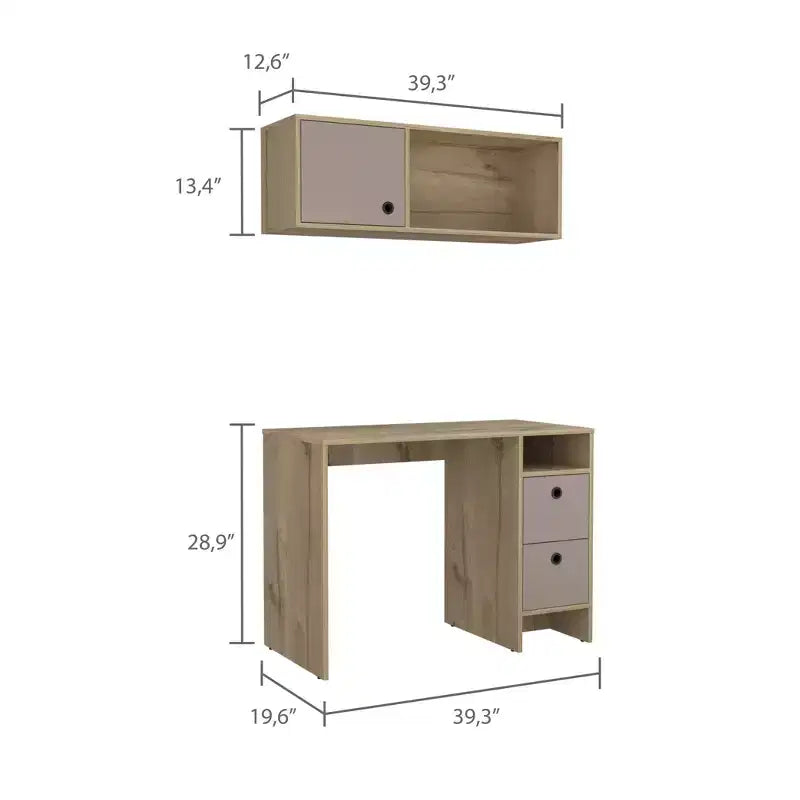 Set Scrivania e Mobile Pensile da Ufficio Moderno Esme di GDFStudio con 2 Cassetti, 1 Anta e 1 Ripiano Aperto