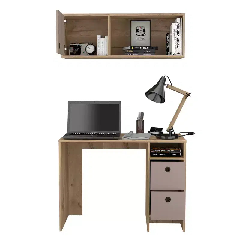 Set Scrivania e Mobile Pensile da Ufficio Moderno Esme di GDFStudio con 2 Cassetti, 1 Anta e 1 Ripiano Aperto