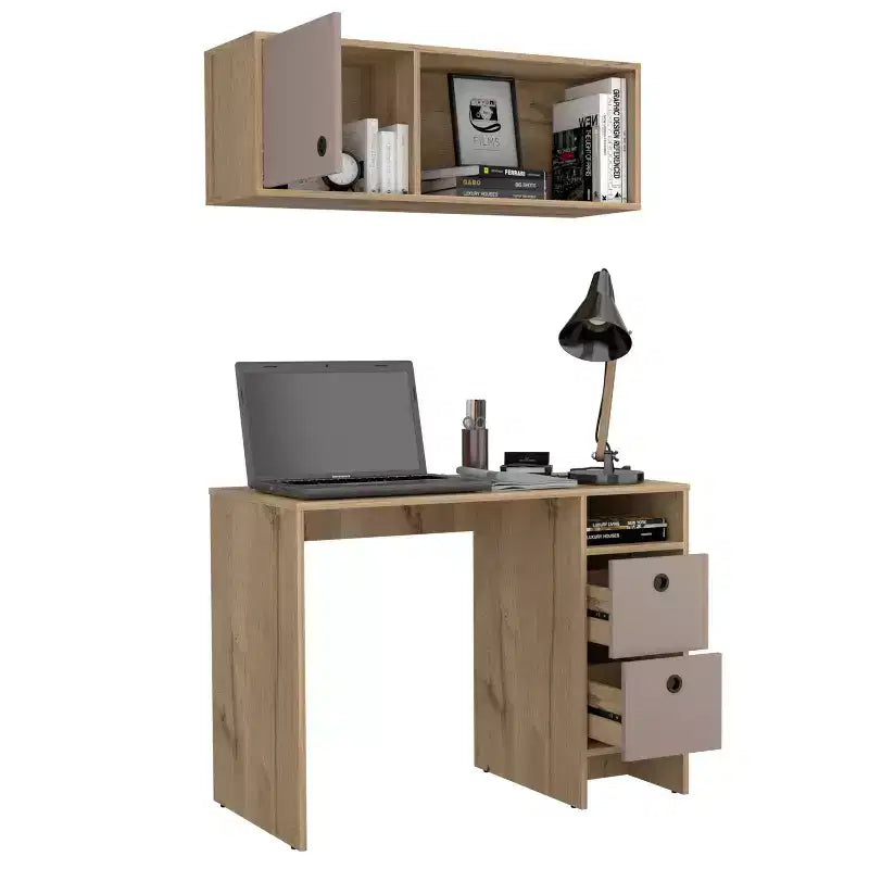 Set Scrivania e Mobile Pensile da Ufficio Moderno Esme di GDFStudio con 2 Cassetti, 1 Anta e 1 Ripiano Aperto
