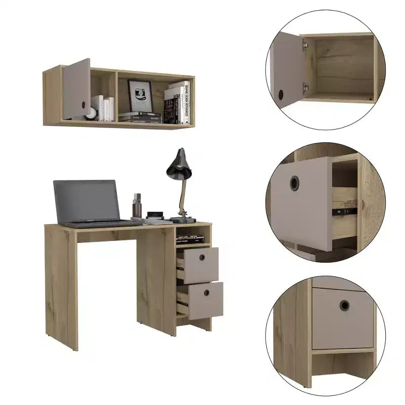 Set Scrivania e Mobile Pensile da Ufficio Moderno Esme di GDFStudio con 2 Cassetti, 1 Anta e 1 Ripiano Aperto