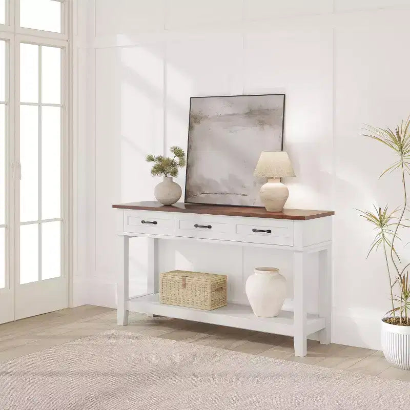Farmhouse Console Table with 3 Drawers, 54 Wood Entryway Sofa Table with Storage Shelves for Living Room, Hallway, or Foyer