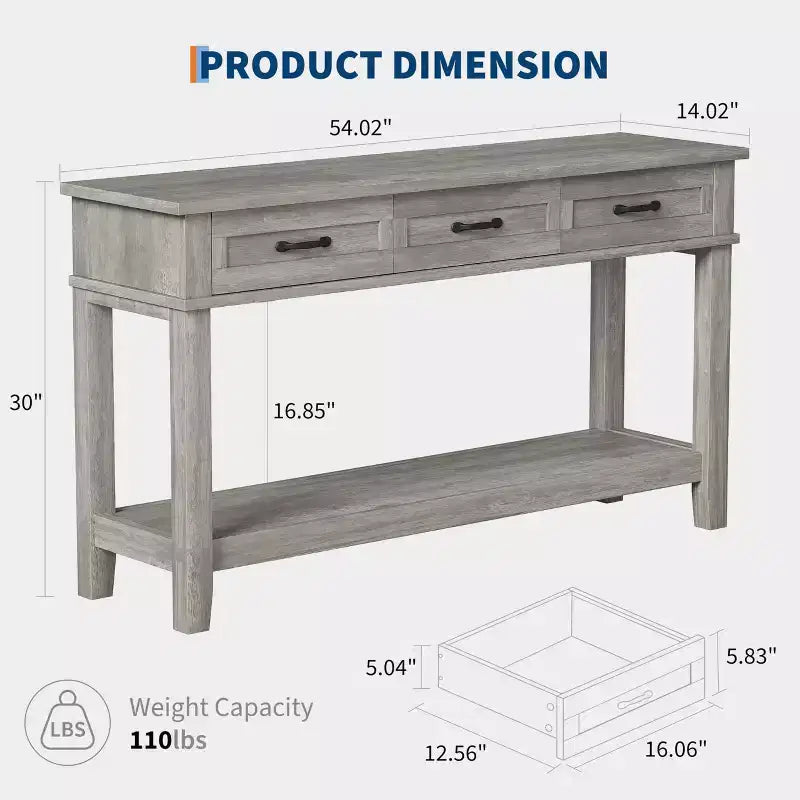 Farmhouse Console Table with 3 Drawers, 54 Wood Entryway Sofa Table with Storage Shelves for Living Room, Hallway, or Foyer