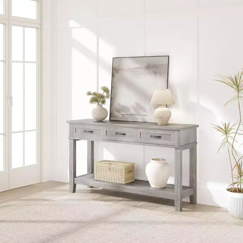 Farmhouse Console Table with 3 Drawers, 54 Wood Entryway Sofa Table with Storage Shelves for Living Room, Hallway, or Foyer