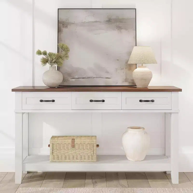 Farmhouse Console Table with 3 Drawers, 54 Wood Entryway Sofa Table with Storage Shelves for Living Room, Hallway, or Foyer