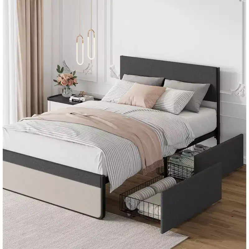 COZONY Struttura Letto Imbottita con Cassetti, Letto a Piattaforma con Testiera e Spazio Sotto il Letto
