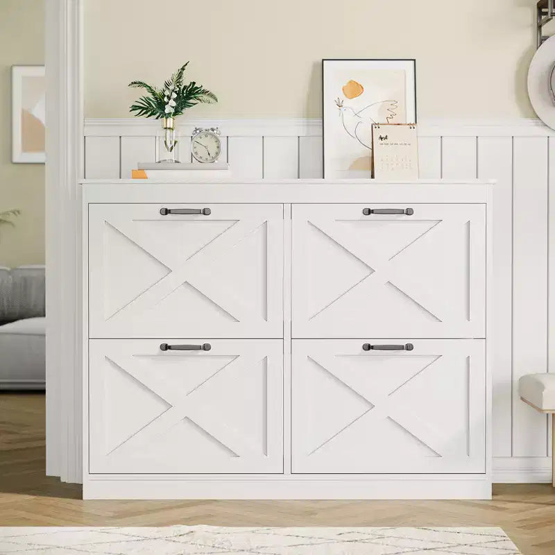 Scarpiera con 4 cassetti a ribalta, scarpiera organizer larga e nascosta, semplice ed elegante, scarpiera autoportante in legno