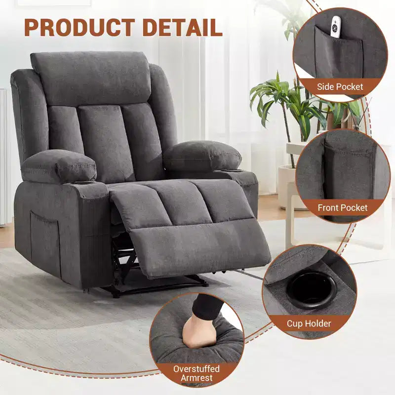 Poltrona Reclinabile Classica Extra Large Manuale con Massaggio a Vibrazione, Riscaldamento, Divano Comodo Imbottito con Seduta Profonda con Tasche Laterali, Tasche Frontali, Porta Bicchiere