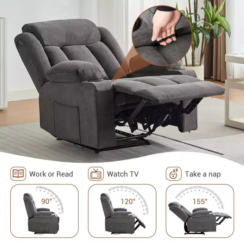 Poltrona Reclinabile Classica Extra Large Manuale con Massaggio a Vibrazione, Riscaldamento, Divano Comodo Imbottito con Seduta Profonda con Tasche Laterali, Tasche Frontali, Porta Bicchiere